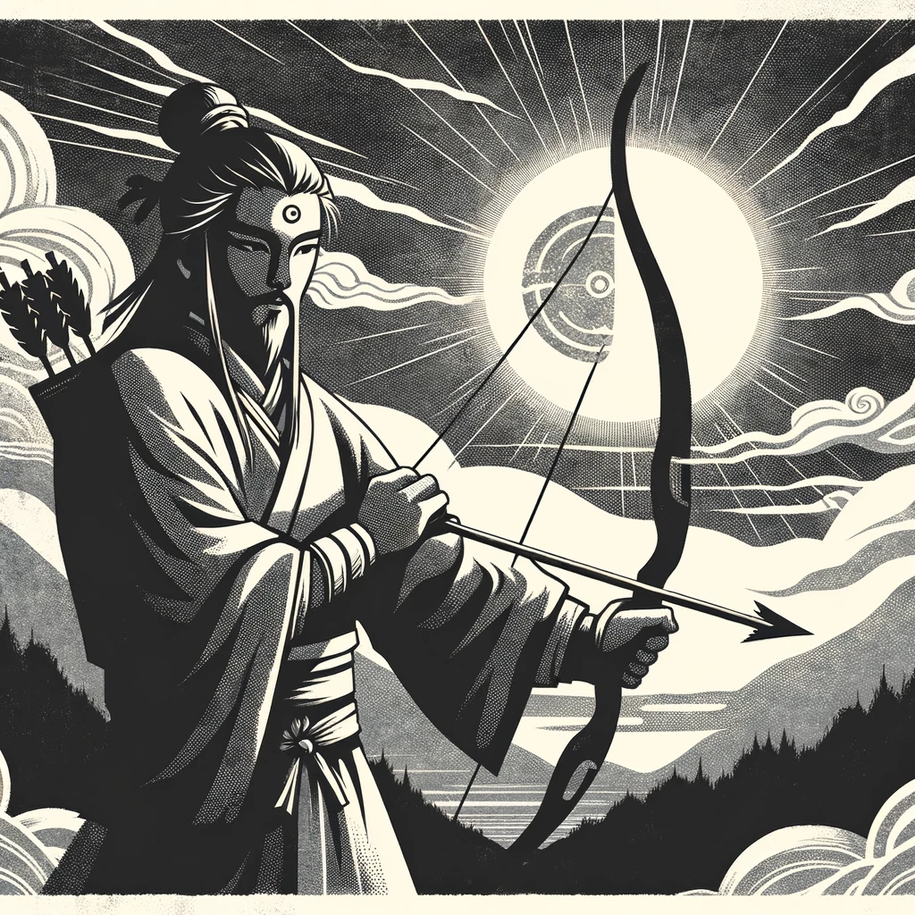 Monochromatic blockprint-style illustration of Hou Yi, the heroic archer, aiming his bow and arrow at the suns in the sky. The background features a serene landscape with the remaining single sun casting a soft glow, and ethereal clouds. Keywords: Hou Yi, Mid-Autumn Festival myths, Chinese mythology.