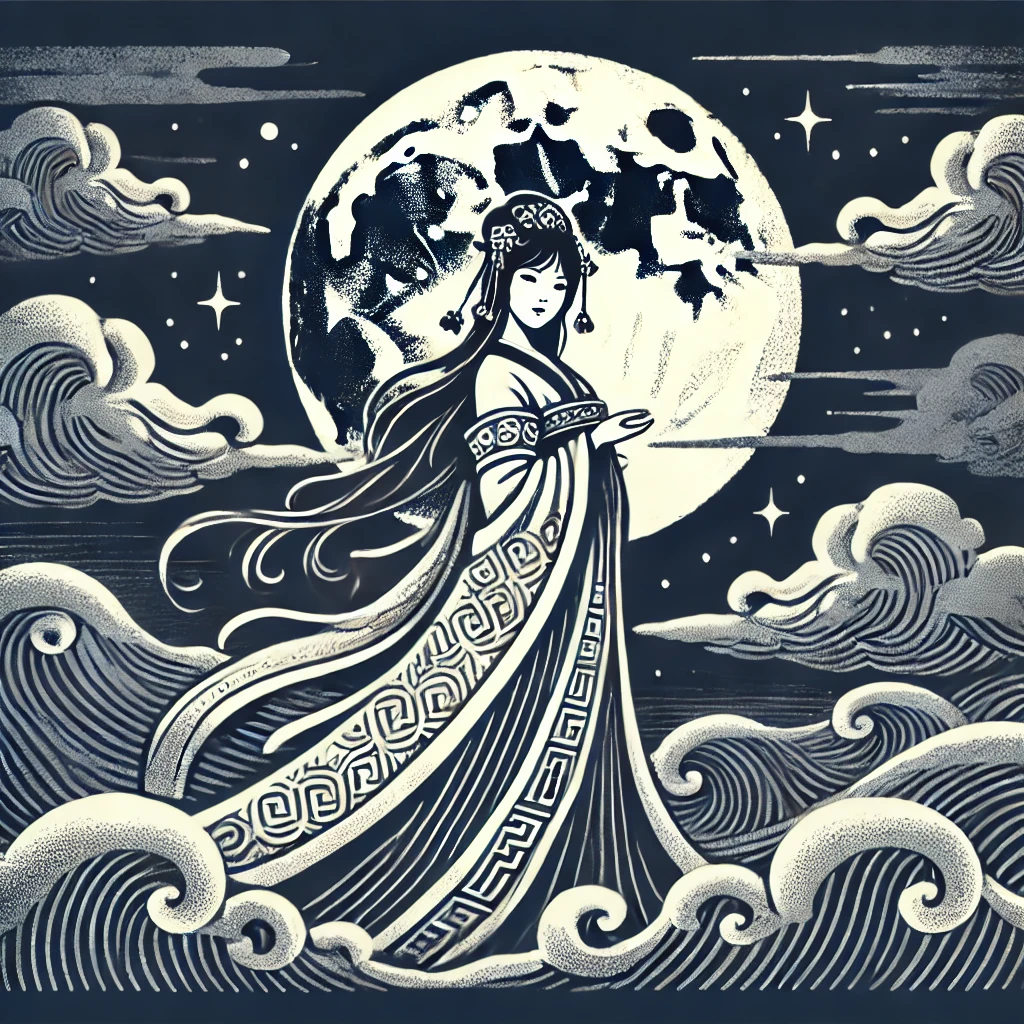 Monochromatic blockprint-style illustration of Chang'e, the elegant moon goddess, on the moon. She is shown in flowing traditional Chinese robes with intricate patterns, standing against a serene night sky with a full moon. Keywords: Chang'e, Mid-Autumn Festival myths, Chinese mythology.