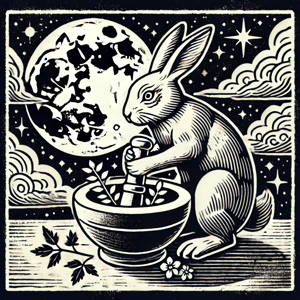 Monochromatic blockprint-style illustration of the Moon Rabbit on the moon, depicting the magical creature pounding herbs in a mortar and pestle to make the elixir of immortality. The scene includes a serene night sky with a full moon, stars, and ethereal clouds. Keywords: Moon Rabbit, Mid-Autumn Festival myths, Chinese mythology.