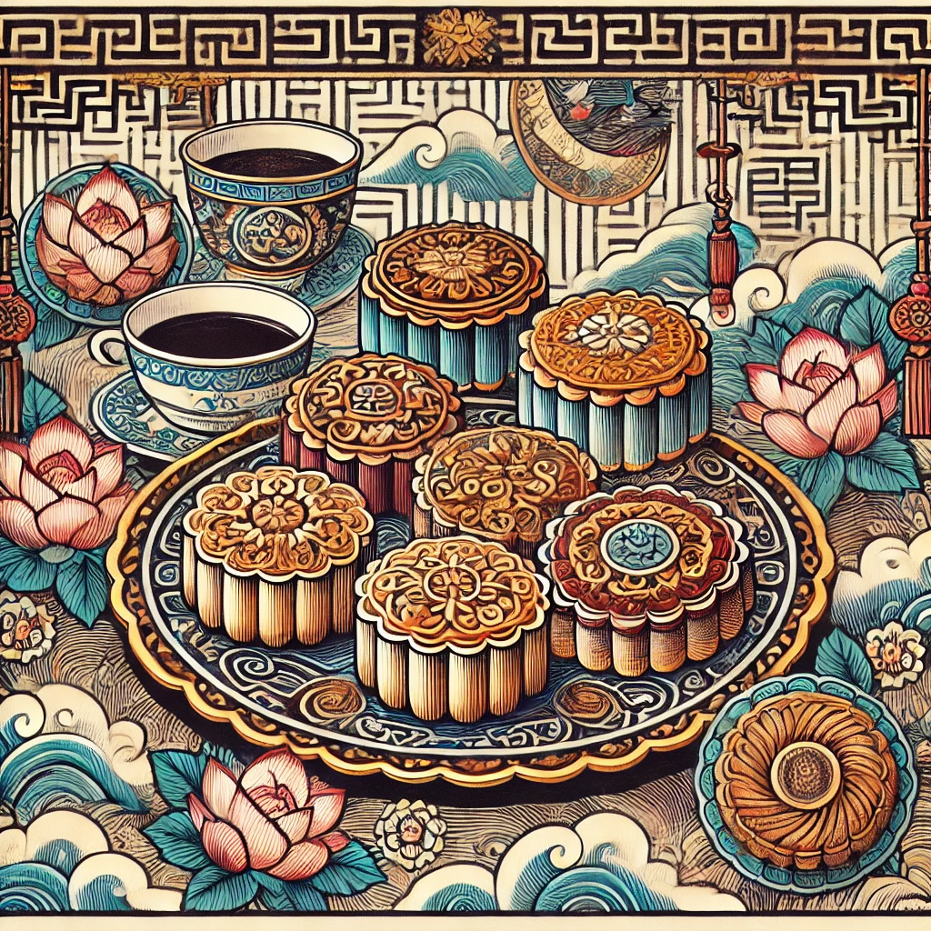 Chinese mooncakes in traditional Chinese woodblock print style