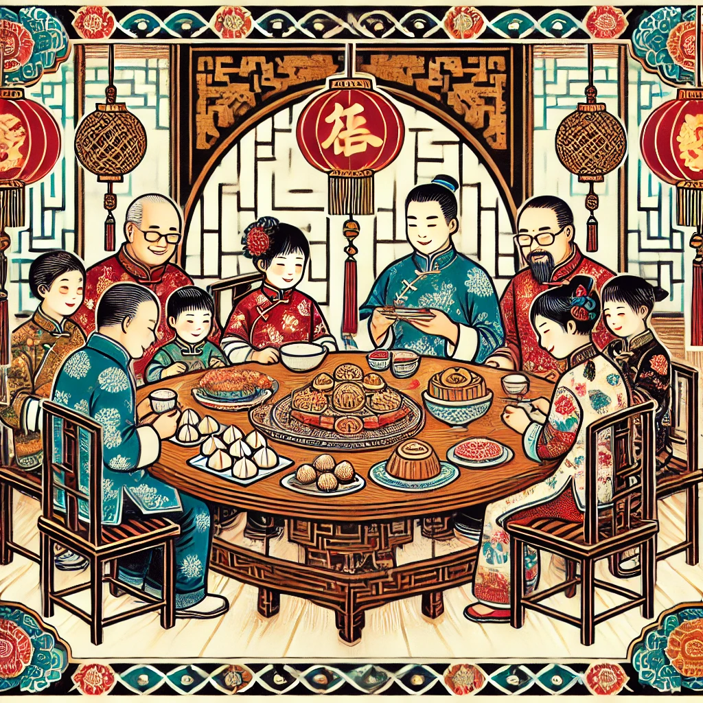 a group of people around a table celebrating mid-autumn festival in traditional woodblock print style