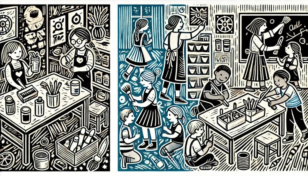 Monochromatic linocut-style illustration of a cheerful scene with a teacher and students working together to tidy the classroom, exemplifying the Reggio Emilia approach. The image features students and the teacher equally engaged in cleaning activities, creating a positive and collaborative atmosphere.