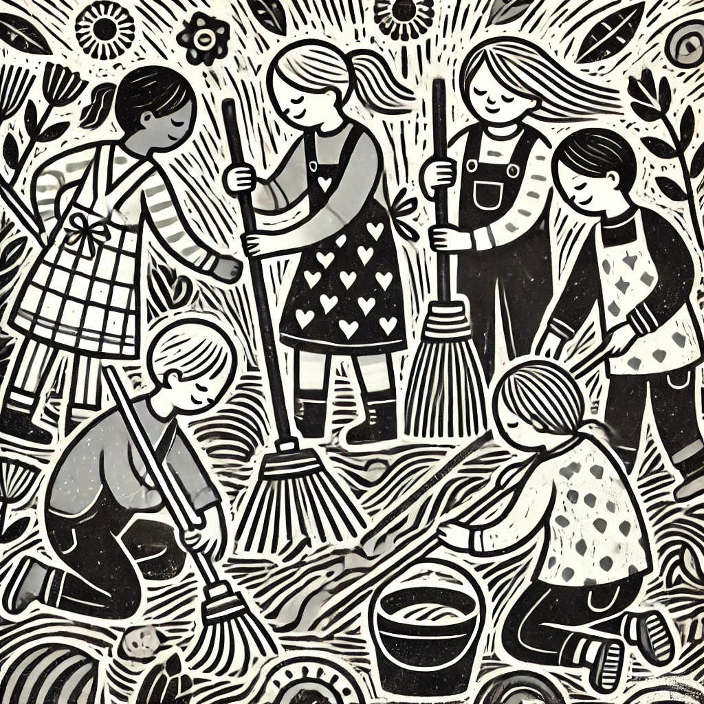 Monochromatic linocut-style illustration of children happily engaged in a group cleanup activity in a Reggio Emilia classroom. The image shows children sweeping and tidying up together with playful and whimsical elements, fostering collaboration and care for their environment.