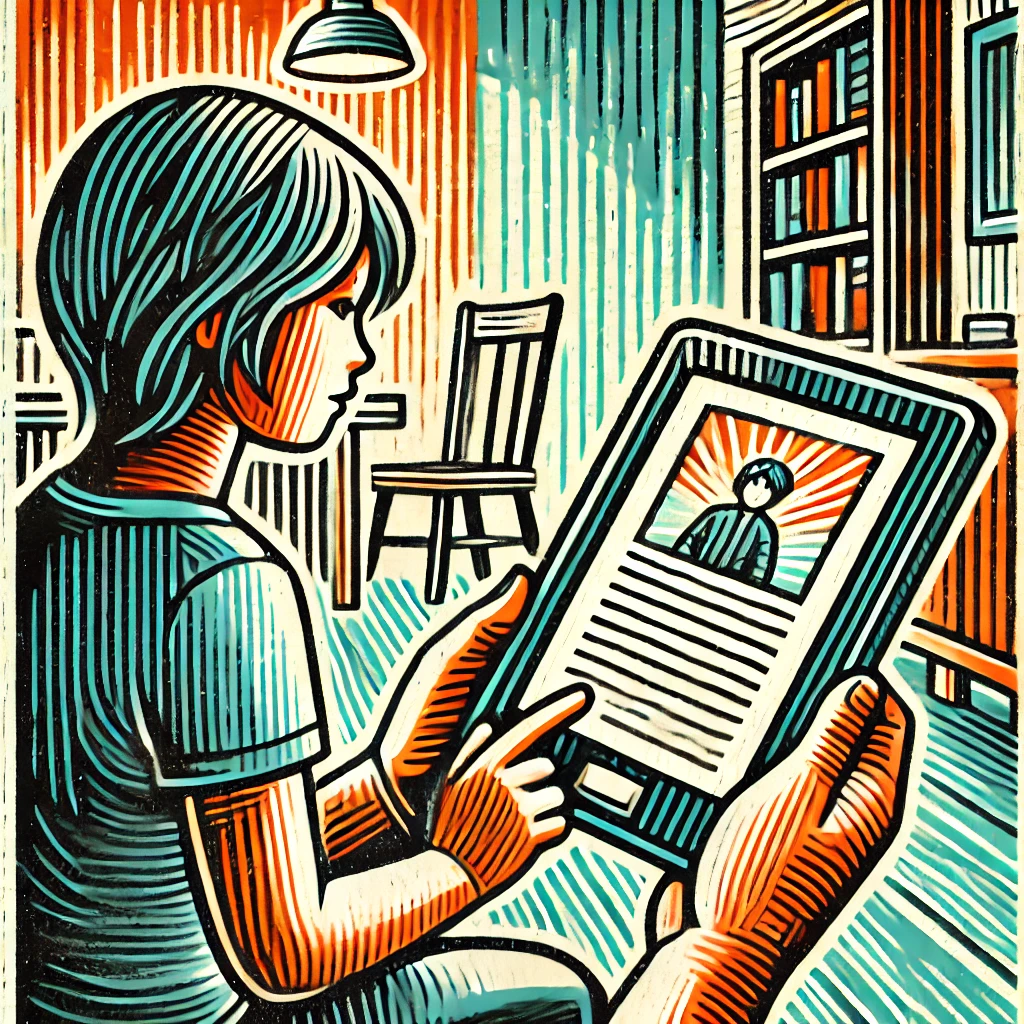 DALL·E 2024 09 23 12.17.31 A brightly colored woodblock style illustration of a child reading an e book on a tablet. The scene emphasizes the portability and customizable featur