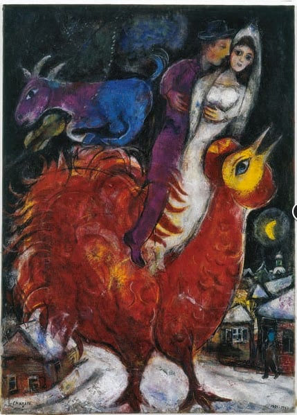 "Lovers with Red Rooster" 1950-1965, Marc Chagall art symbols and characters