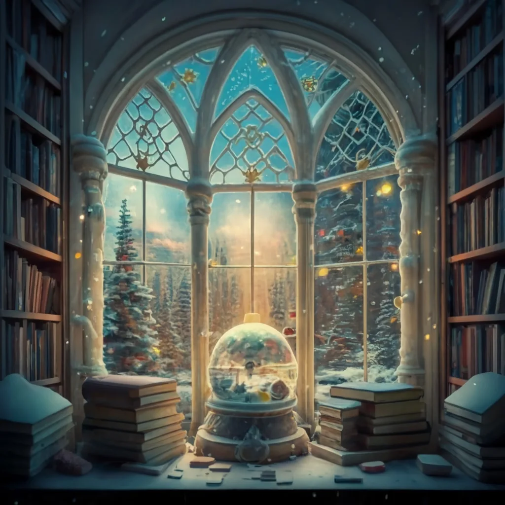 winter wonderland snowglobe inside an old library