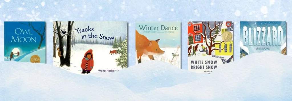 Children's books about winter featuring covers of Owl Moon, Tracks in the Snow, Winter Dance, White Snow Bright Snow, and Blizzard, perfect for cozy winter reading