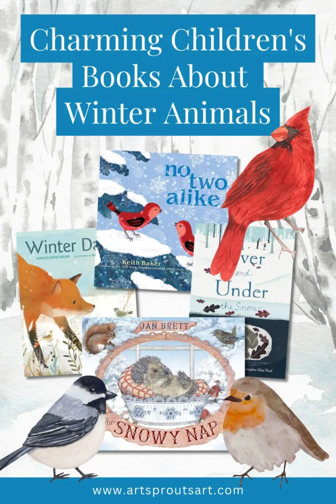 Charming children's books about winter animals featuring titles like The Snowy Nap, Winter Dance, No Two Alike, and Over and Under the Snow.