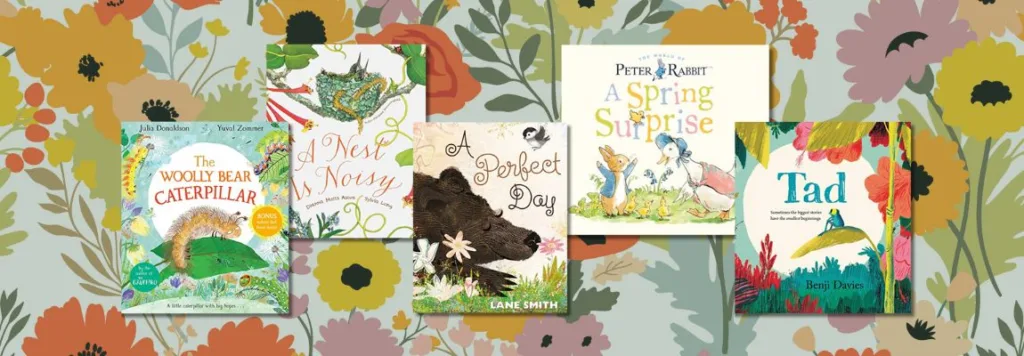 Spring-themed children’s books about animals and nature, featuring The Woolly Bear Caterpillar, A Nest Is Noisy, A Perfect Day, A Spring Surprise, and Tad