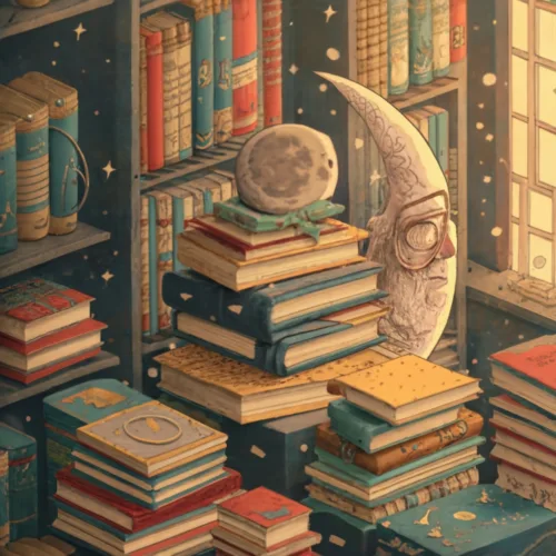 Pile of books in front of a window with moon