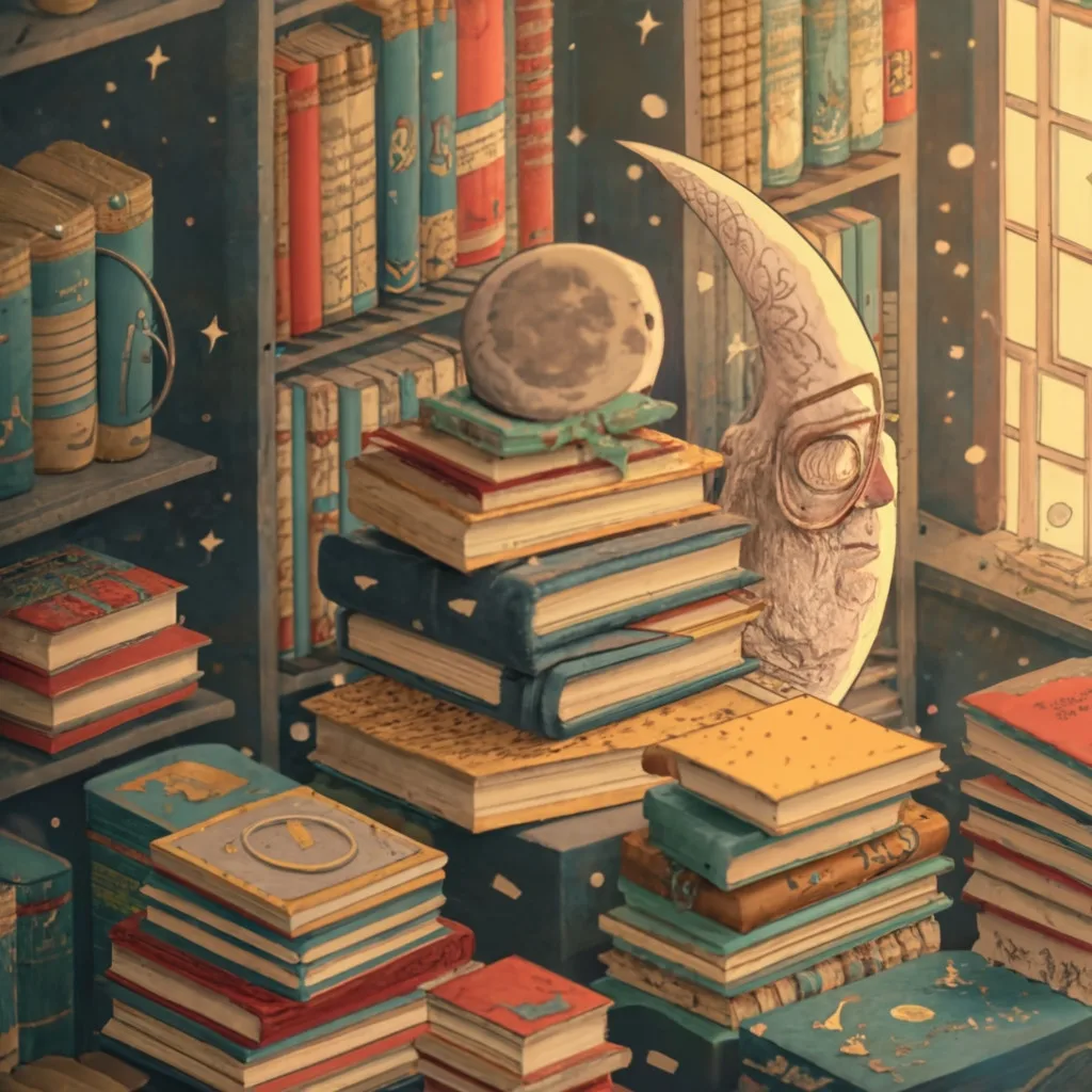 Pile of books in front of a window with moon