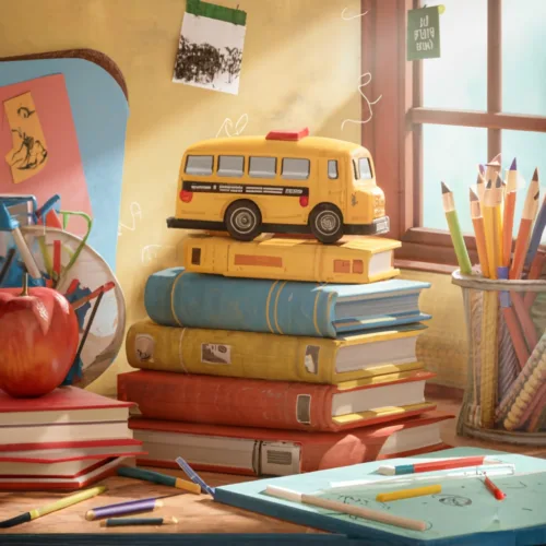 book pile with schools bus in a child bedroom