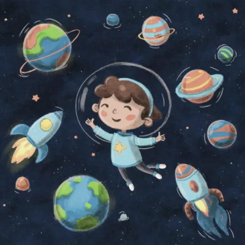 little girl astronaut floating in space