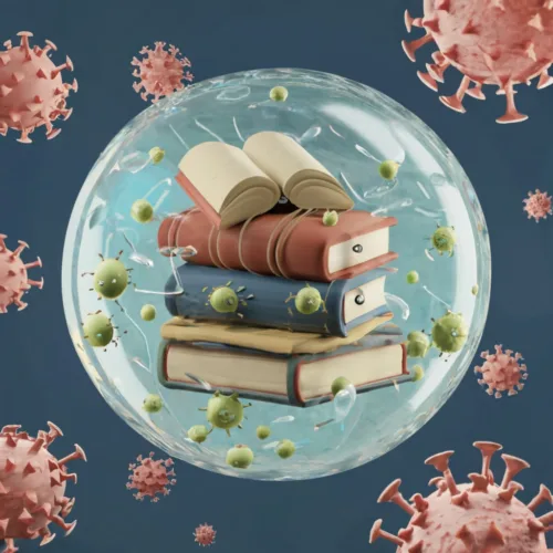 Pile of books in a bubble surrounded by germs and viruses