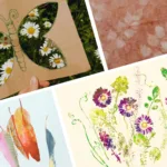 17 Engaging Nature Art Activities for Kids  2 A collage of nature art activities for kids, featuring a pressed flower butterfly craft, eco-printing on fabric, leaf and flower stamping, and watercolor feather mobiles. Perfect for outdoor art projects for children using natural materials.