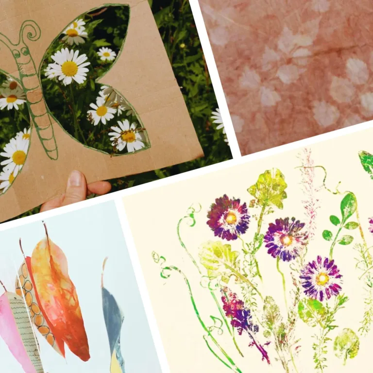 A collage of nature art activities for kids, featuring a pressed flower butterfly craft, eco-printing on fabric, leaf and flower stamping, and watercolor feather mobiles. Perfect for outdoor art projects for children using natural materials.