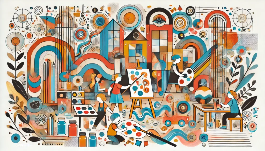 A vibrant and playful abstract illustration of a Reggio Atelier, featuring colorful shapes and patterns. The image includes abstract forms of children painting, building with loose parts, and collaborating on a sculpture