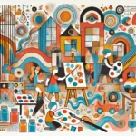 A vibrant and playful abstract illustration of a Reggio Atelier, featuring colorful shapes and patterns. The image includes abstract forms of children painting, building with loose parts, and collaborating on a sculpture