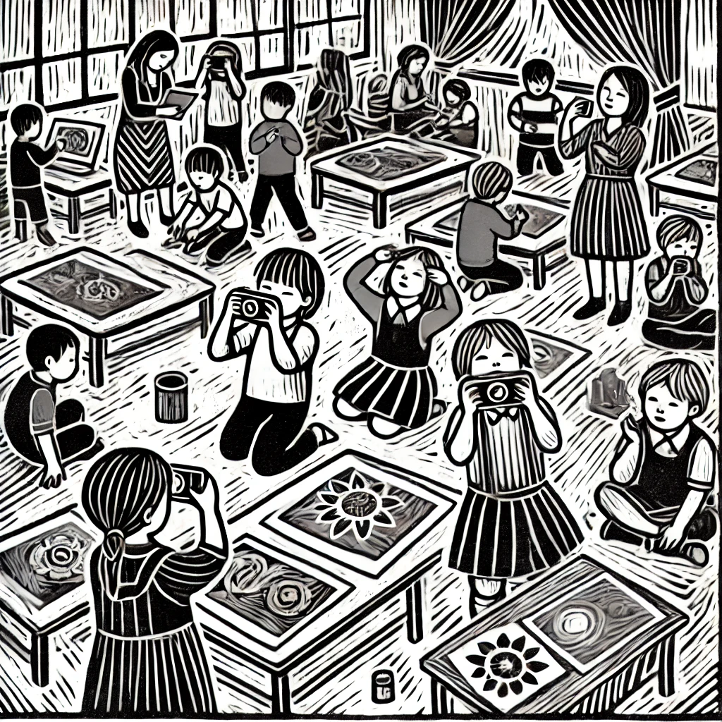 Monochromatic linocut-style illustration of a Reggio Emilia classroom with children documenting their learning process through photography. The image shows children taking photos of their work, highlighting the importance of Reggio Emilia documentation and photography in Reggio Emilia education.