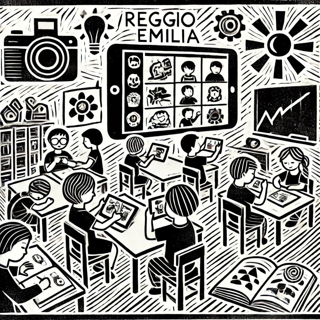 Modern linocut-style illustration of children in a Reggio Emilia classroom compiling portfolios. The illustration showcases the importance of organization and documentation in Reggio Emilia education.