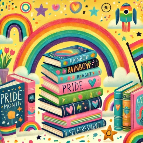 A-whimsical-and-playful-illustration-featuring-a-collection-of-colorful-childrens-books-stacked-or-spread-out-with-rainbows-and-the-Pride-flag