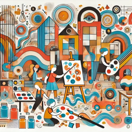 A vibrant and playful abstract illustration of a Reggio Atelier, featuring colorful shapes and patterns. The image includes abstract forms of children painting, building with loose parts, and collaborating on a sculpture