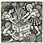 Classroom Cleanup Routines and Strategies: Cultivating Responsibility and Collaboration in the Classroom 15 Monochromatic linocut-style illustration of students collaborating to organize art supplies in a Reggio Emilia classroom. The image features children sorting through drawers filled with art materials, surrounded by brushes, flowers, and whimsical patterns, promoting responsibility and community.
