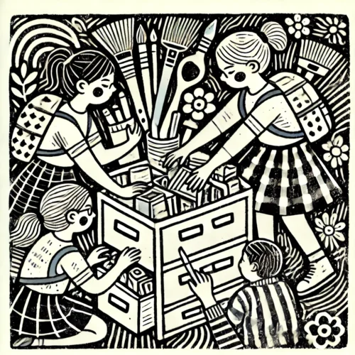 Monochromatic linocut-style illustration of students collaborating to organize art supplies in a Reggio Emilia classroom. The image features children sorting through drawers filled with art materials, surrounded by brushes, flowers, and whimsical patterns, promoting responsibility and community.