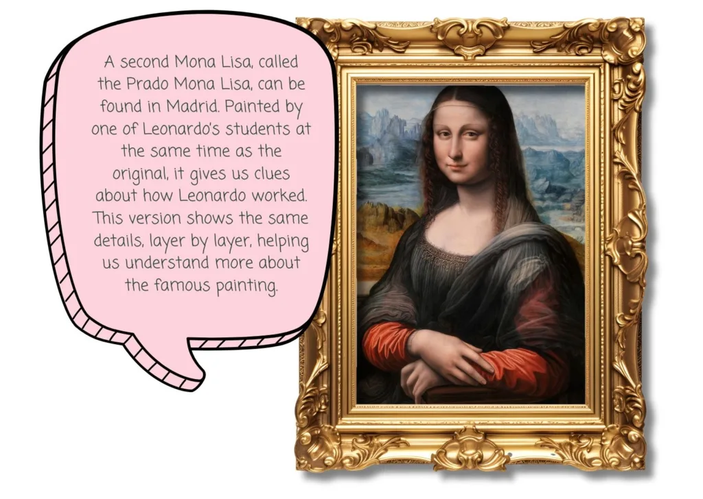 Prado Mona Lisa painting with speech bubble describing the hidden mystery - famous paintings for kids