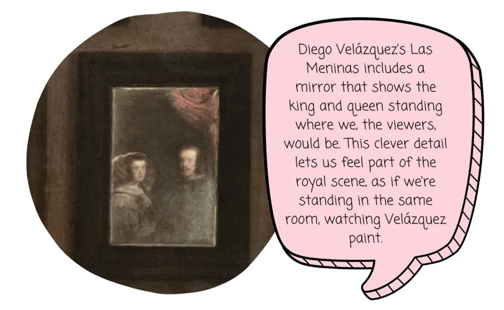 Close-up of mirror in Las Meninas showing king and queen’s reflection with descriptive bubble - hidden secrets in famous paintings for kids