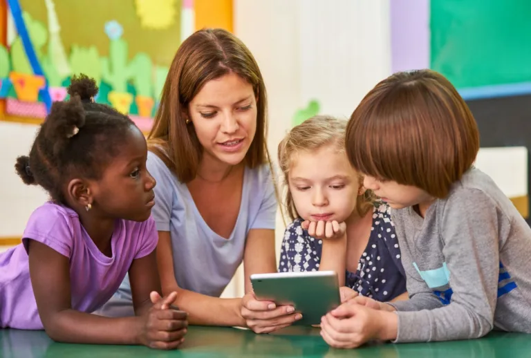 Children immersed in reading physical books, enjoying the tactile experience of turning pages. This scene highlights the benefits of physical books vs eBooks for kids