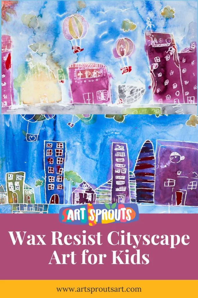 Wax Resist Cityscape Art for Kids Fun and Easy Tutorial pin 30