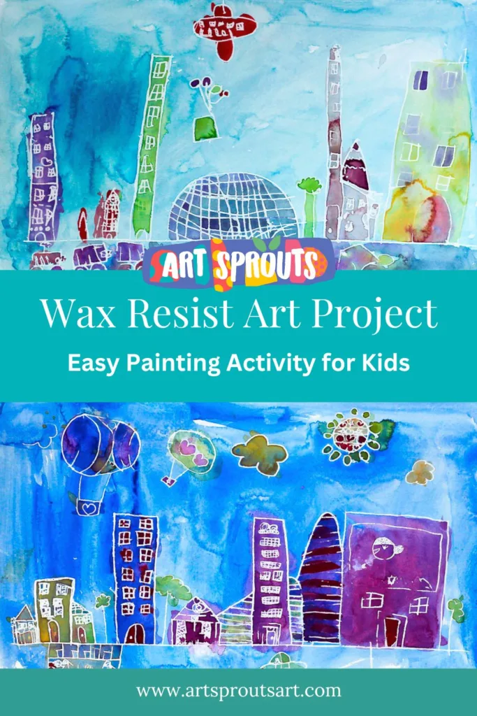 Wax Resist Cityscape Art for Kids Fun and Easy Tutorial pin 31