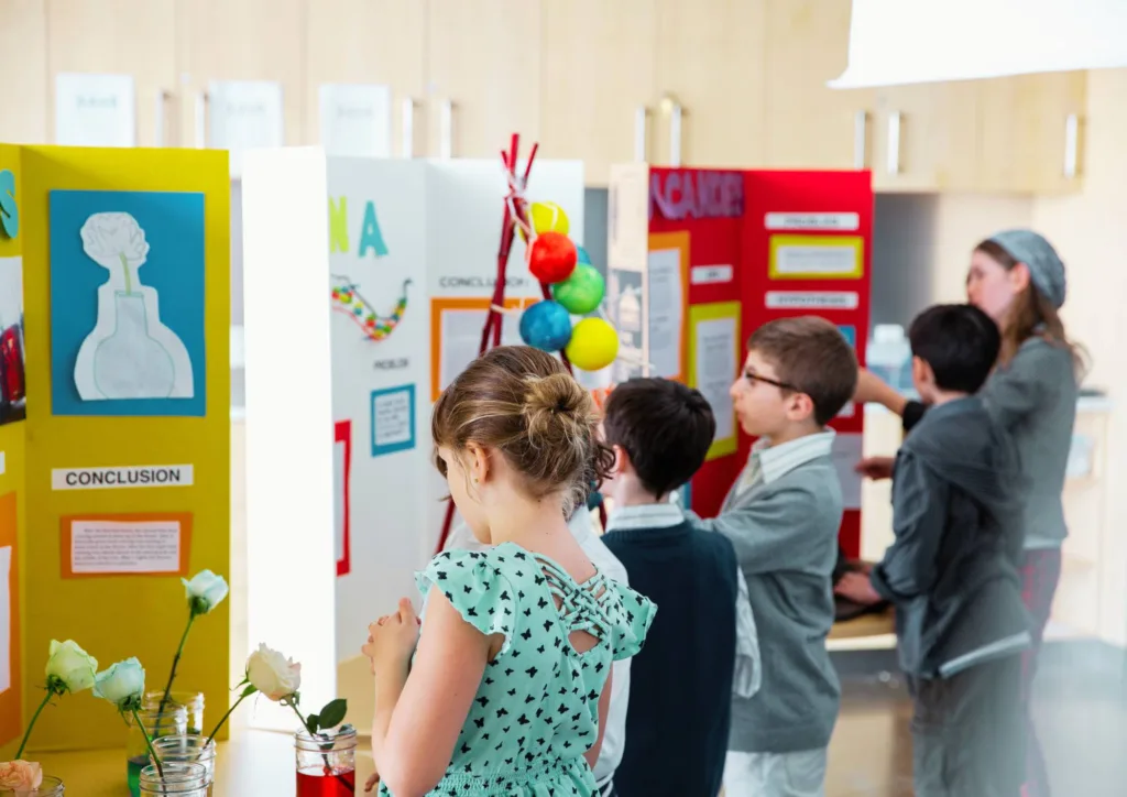 A Reggio Emilia classroom project exhibition showcasing student work, documentation panels, and learning reflections. This display illustrates what Reggio documentation is by making learning visible through photos, journals, and portfolios.