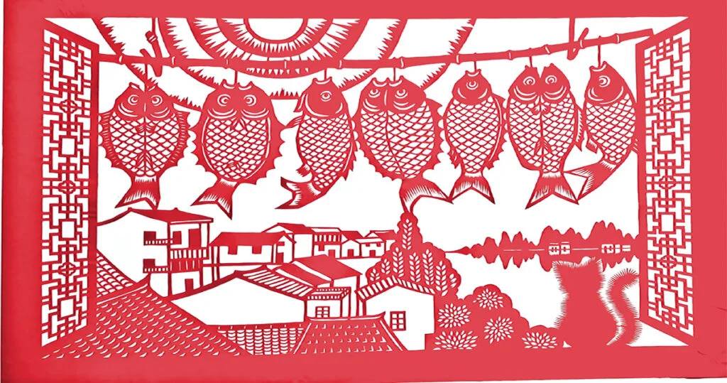 Ning Yaxiao 2020 Xiaojing Qiaokou Fishing Capital. Handcut paper. 108×50cm. Image supplied by the Huxia Papercutting Museum 1024x539 2