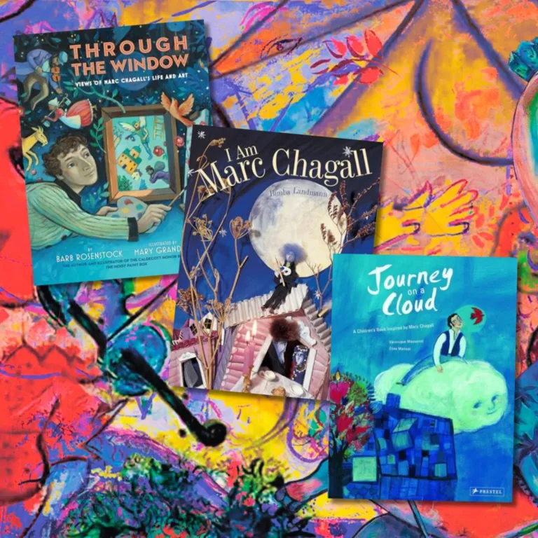 The Best Children's Books About Marc Chagall 18 Children's books about Marc Chagall, including 'Through the Window,' 'I Am Marc Chagall,' and 'Journey on a Cloud,' displayed against a colorful background inspired by Chagall’s dreamlike art