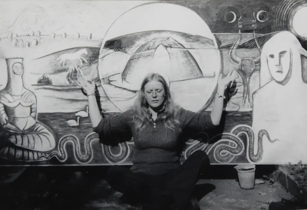 Monica in front of Goddess at Avebury painted following her ‘initiation at Silbury Hill 1978 1800x0 c center