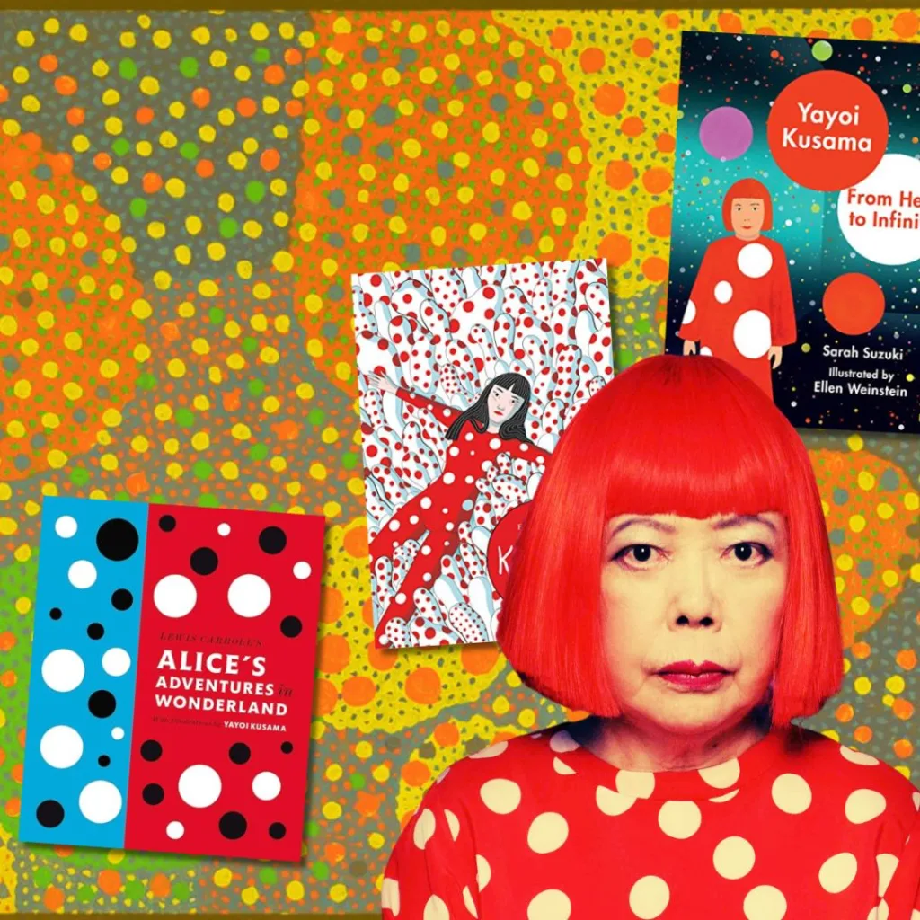 Yayoi Kusama books for kids featuring colorful covers of children's books about Kusama, set against a polka-dot background inspired by her artwork